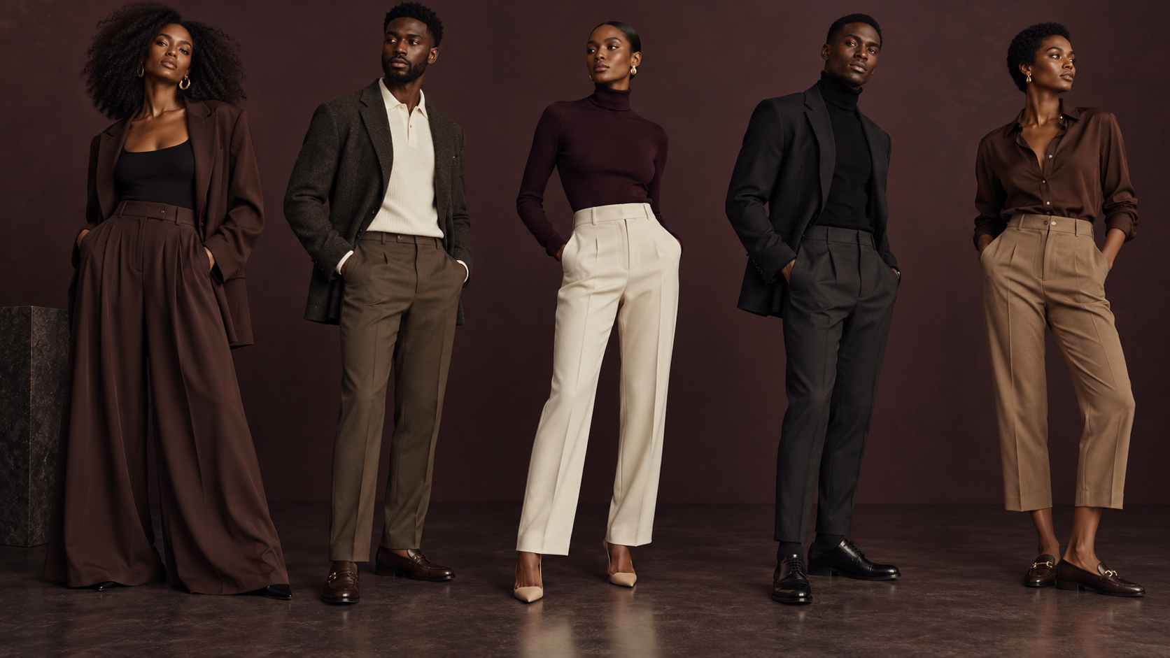 Editorial fitting-room scene with tailoring tape, trousers, blazer, and garment measurement details.
