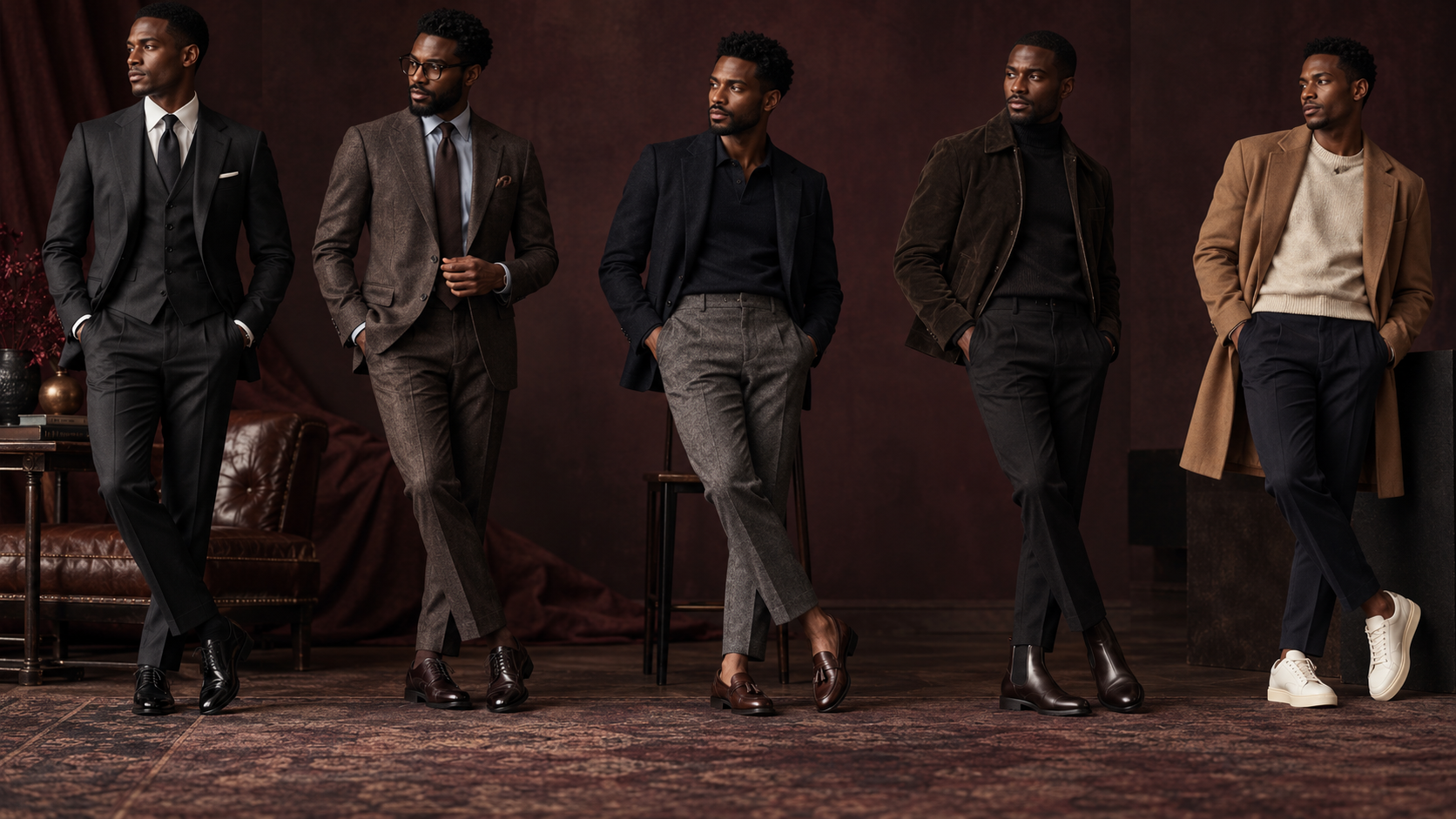Men's editorial footwear lineup moving from formal Oxford shoes through loafers and boots to a clean sneaker.